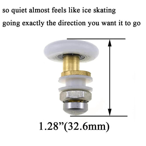 23mm diameter brass shower door wheel with nylon roller and stainless steel screw, top view showing smooth rolling design