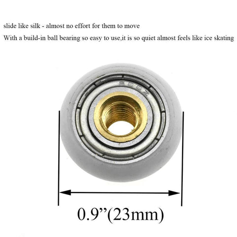 23mm diameter shower door wheels with smooth rolling nylon runners, solid brass hubs, stainless steel screws, close-up view