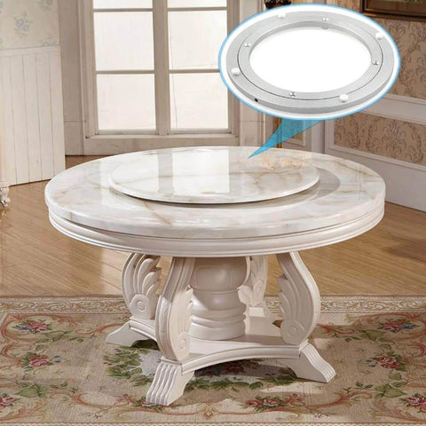 24 Inch Aluminum Heavy Duty Lazy Susan Turntable Bearing on dining table, with thick swivel plate hardware and non-skid rubber feet