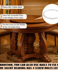Instructions for installing 24 Inch Aluminum Alloy Lazy Susan Turntable Bearing on a wooden dining table, showing turntable placement.