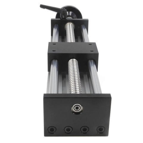 Front view of 250mm Effective Travel Dual Optical Axis Manual Sliding Table with SFU1605 Ball Screw and Linear Rail Guide, black metal