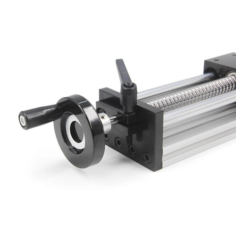 Close-up of 250mm Effective Travel Dual Optical Axis Manual Sliding Table with SFU1605 Ball Screw, Linear Rail Guide and Handwheel.