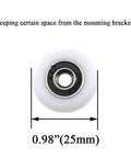 Front view of 25mm diameter bearing steel shower door wheel with nylon roller, showing size and components for smooth sliding.