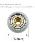 Close-up of 25mm diameter shower door wheel with smooth rolling nylon runner, solid brass hub, and ball bearing roller.