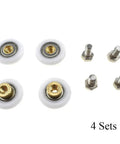 4 sets of 25mm diameter shower door wheels with smooth rolling nylon runners, solid brass hubs, and stainless steel screws