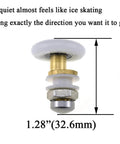 Close-up of 27mm diameter brass shower door wheels with nylon rollers, stainless steel screws and ball bearings, smooth rolling runner