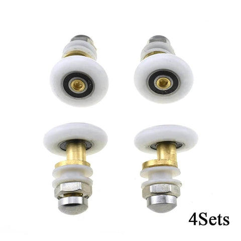 27mm diameter brass shower door wheels with nylon rollers, stainless steel screws, ball bearings, 4 sets displayed
