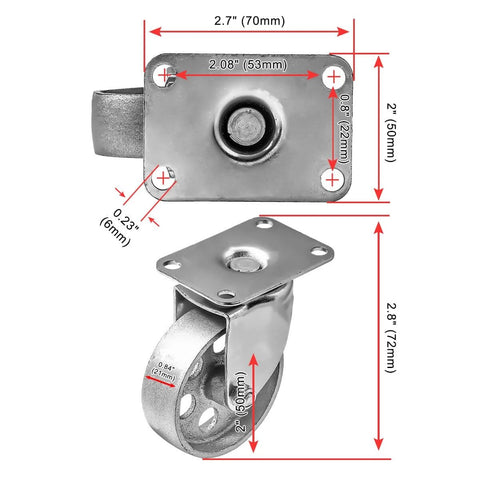 2 Inch Heavy Duty All Steel Swivel Plate Caster Wheels Set of 4 with dimensions and double ball bearings, gray metal, 360 rotation