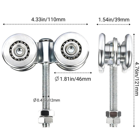 2Pcs Wheel Trolley Assembly Barn Door Rollers with dimensions for 1-3/4" wide and 2-1/4" tall rail hanging track.