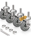 3 Inch Locking Caster Wheels Set of 4 with Threaded Stem 3/8-16 x 1-1/2, heavy duty swivel casters with side brake, wrench included