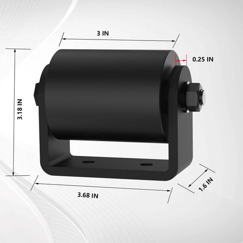 3 Inch Sliding Gate Guide Rollers 2 Pack with C Post Welded Bracket, showing dimensions and black heavy-duty design.