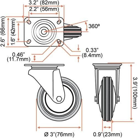 Technical diagram of 3 Inch Heavy Duty Swivel Caster Wheels 4 Pack with dimensions and specifications, Rubber Base Casters, 250lb capacity.