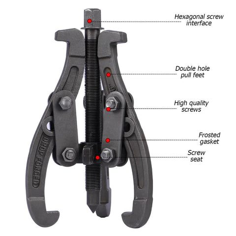 3 Jaw Inner Bearing Puller, Pilot Bearing Gear Puller for Auto with Reversible Jaws, shown with labeled components, Heavy Duty Gear Extractor Tool