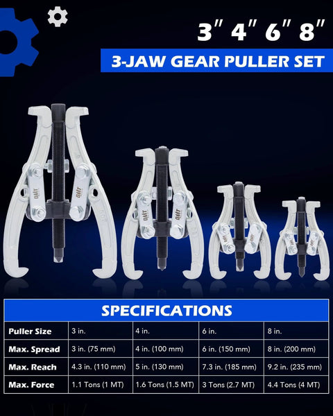 Gear Puller Set, 3" 4" 6" 8" 3 Jaw Puller Kit for Pulley Gear Bearing Flywheel Removal with specifications chart