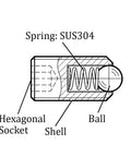Diagram of 6mm x 7mm Ball Plunger Set, 304 Stainless Steel Spring Loaded Ball Detent Plungers, with components labeled