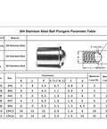 304 stainless steel ball plungers parameter table with diagram and specifications, including 5pcs D5 x L6 spring loaded ball plunger details.