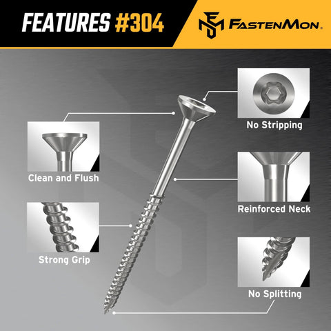 Diagram showing features of #10x2 Stainless Steel Deck Screws, 304 Grade, highlighting clean flush, strong grip, and reinforced neck.