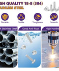 High quality 304 stainless steel screws highlighting durability, anti-rust properties, and hardness; 8-32 x 2 machine screws visuals included.