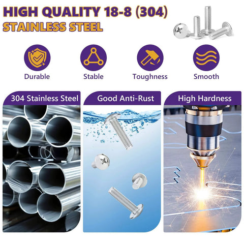 High quality 304 stainless steel screws highlighting durability, anti-rust properties, and hardness; 8-32 x 2 machine screws visuals included.