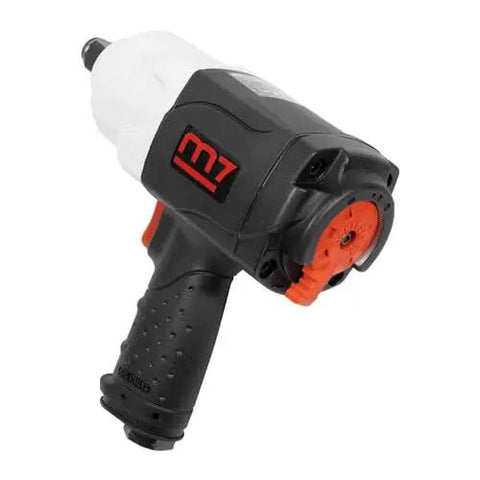 Close-up of M7 air impact wrench featuring heavy duty twin hammer design, 3/4 inch square drive and durable grip.