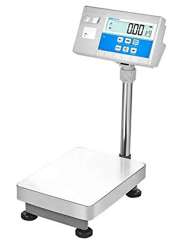 Top Shelf Bench Scale With Integrated Label Printer For Warehouse Work And Manufacturing Floors Hella Precise Heavy Duty Counting And Weighing Solution, stainless steel base, 130 lb capacity.