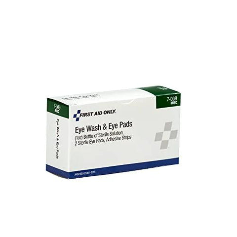 First Aid Only eye wash kit, 5-piece with oval eye pads and adhesive strips, white box with blue band