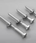23 Sets 5/16 x 1-1/4 Hex Head Lag Screws with Flat Washers, 304 Stainless Steel 18-8, shown in four sizes on gray background