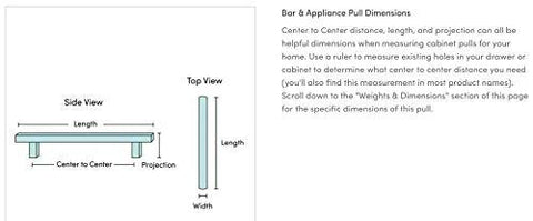 Technical drawing showing dimensions for Riverside Pull Grace Collection Honey Bronze 8 13/16 Inch Contemporary Transitional Bar Handle.