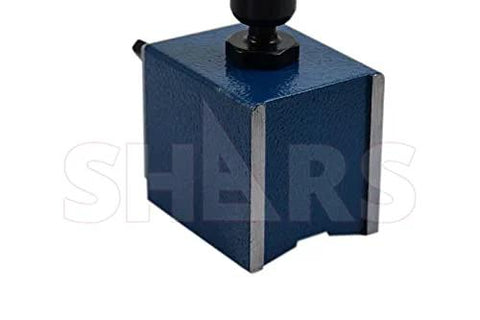 Shars magnetic base block, blue metal base with black top knob, front view.
