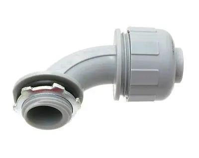 Pro Grade 1 1 4 Inch Nylon Liquid Tight Conduit 50 Pack 90 Degree Elbow Connectors With Steel Locknut And O Ring side view of gray elbow connector