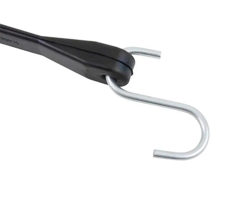 Close-up of 21 Inch EPDM Tarp Bungee Straps with galvanized steel S hook, part of 50 pack, made in USA for cargo securing