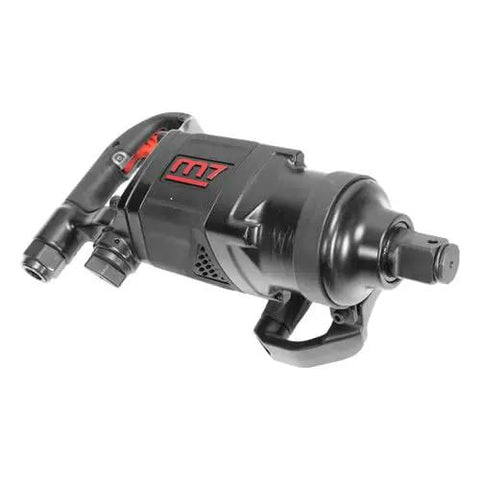One Inch Drive Air Impact Wrench With A Sturdy D Grip And Twin Hammer Heads For Cranking Loose Nuts Without Breaking A Sweat While Pumping Out A Badass 1800 Foot Pounds Torque, black steel design, close-up view.