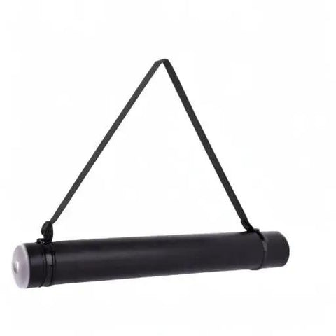 Bulletproof Extendable Poster Storage Tube With Quick Grip Straps and Easy Peasy Adjust From 24 To 40 Inches For Blueprints Artwork Maps And Rolled Posters In Matte Black Case, hanging with strap.