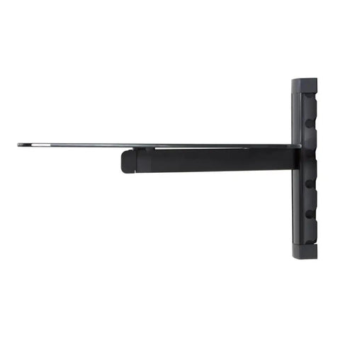 Side view of Wall Mounted Media Console Shelf With Adjustable Tempered Glass Tray For Your Streaming Gear Featuring Sturdy Steel Brackets And Nifty Cable Routing In Sleek Matte Black Finish.