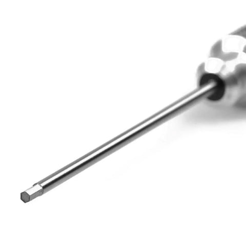 Close-up of the 7-Piece RC Hex Driver Set Tool Kit For Drones And RC Cars With Aluminum Handle And Steel Wrenches In 0.9mm durable titanium-plated steel.