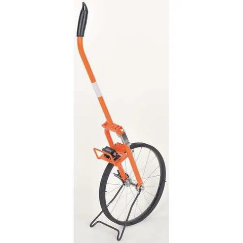 Heavy Duty Metal Frame Measuring Wheel With Foot Graduations And Geared Mechanical Clicker Counter For Outdoor Layouts showing an orange measurement wheel.