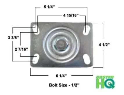 Heavy-duty V-groove casters swivel caster plate dimensions and bolt size diagram for industrial use.
