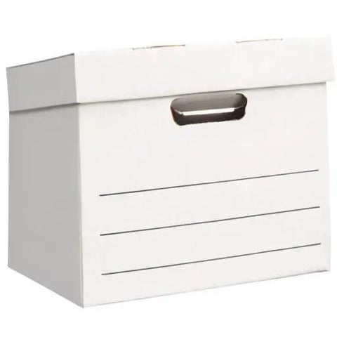 Medium Duty Storage And Filing Boxes With Lids And Handles Legal Letter Size collapsible white box with handle for organizing.