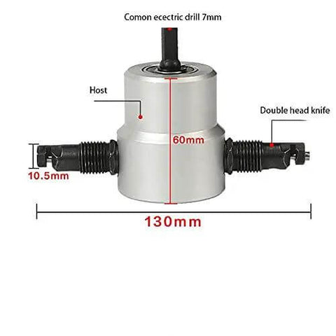 Double Head Sheet Metal Nibbler Cutter Drill Attachment for metal with adjustable cutting head, showing dimensions and ergonomic design