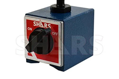 Blue magnetic base indicator holder with red on/off switch and SHARS logo, front view.