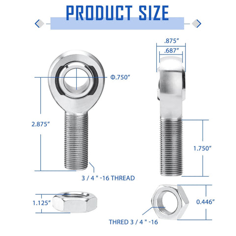 3/4 Heim Joint Rod End Kit with Left and Right Hand Threads, Heavy Duty 750 Chromoly Joints dimensions and size details