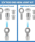 8 pcs 3/4 inch Heim Joint Rod End Kit showing left and right hand thread components including spacers and tube adapters.