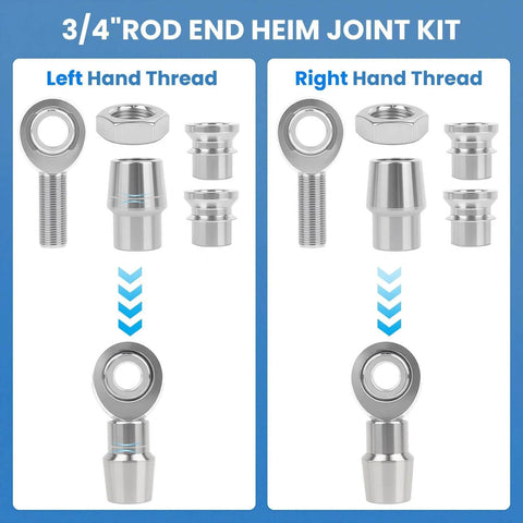 8 pcs 3/4 inch Heim Joint Rod End Kit showing left and right hand thread components including spacers and tube adapters.