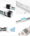 Multiple angles of 350mm CNC Linear Guide Module with Ball Screw, Nema 23 Stepper Motor, 350mm Stroke, Compact No-Rail Design components.