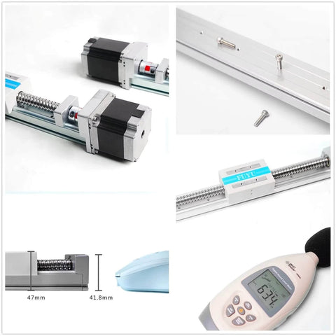 Multiple angles of 350mm CNC Linear Guide Module with Ball Screw, Nema 23 Stepper Motor, 350mm Stroke, Compact No-Rail Design components.