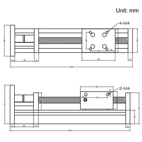 Technical drawing of 350mm Travel Linear Stage Actuator with SFU1605 Ball Screw and NEMA23 Stepper Motor, Square Linear Rails, dimensions.