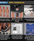 Composite image showcasing features of the 36-in-1 Bearing Puller Set, Inner Bearing Puller Separator Kit, Blind Hole Bearing Removal Tool, Blue.