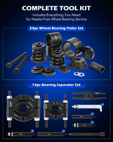 38pc 2-in-1 Bearing Press Kit, Front Wheel Bearing Removal Kit with Sliding Screws Sleeve, shown in components layout.
