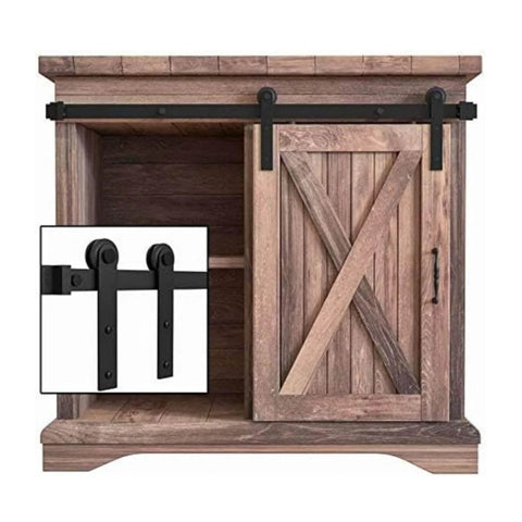 3FT Super Mini Sliding Barn Door Hardware Kit for Single Cabinet Doors on TV Stands and Small Wardrobes shown on wooden cabinet