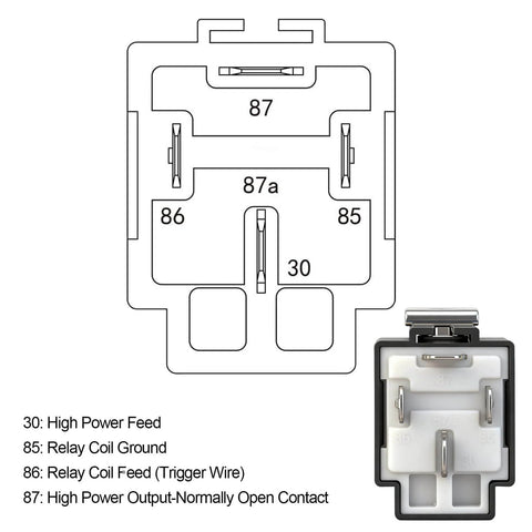 Diagram and image of a 12V 30A Fuse Relay Switch Kit with 4 Pin SPST Relay and Built In 30A Blade Fuse, beefed up 14 AWG wires.
